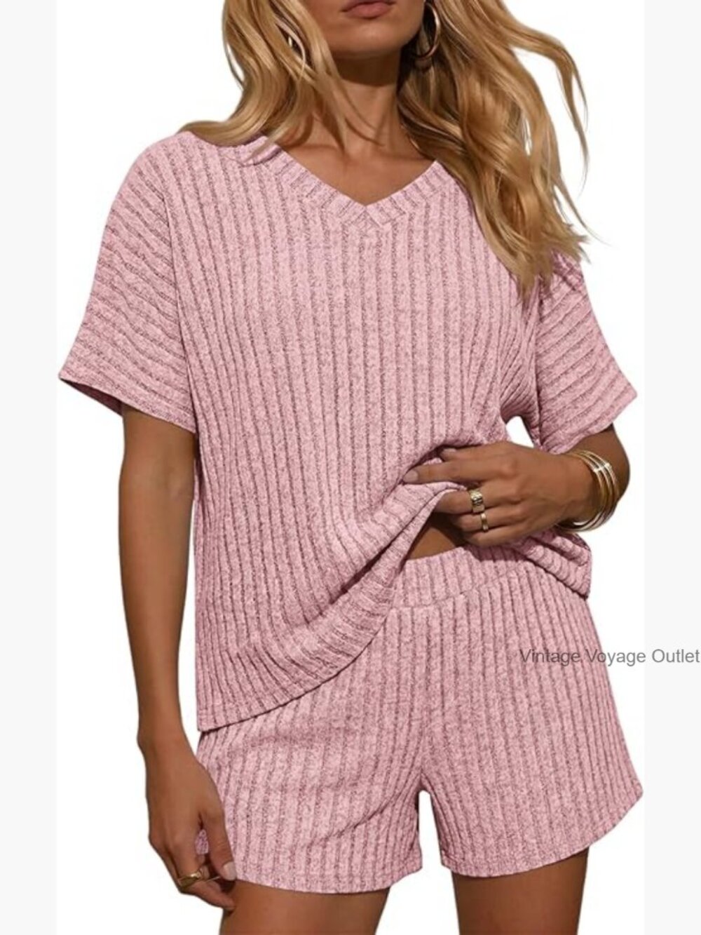 2 Piece Lounge Set Short Sleeve V Neck Top & Elastic Waist Shorts Pajama Set